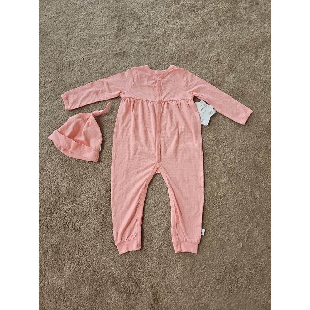 Burt's Bees Baby Girl Coverall Romper Hat 18M Pink Pointelle Organic Cotton
